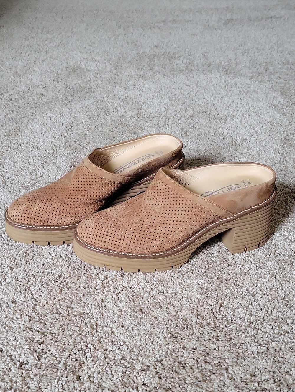 SoftWaves Perforated Suede Tan Clog Mules with Block Heel
